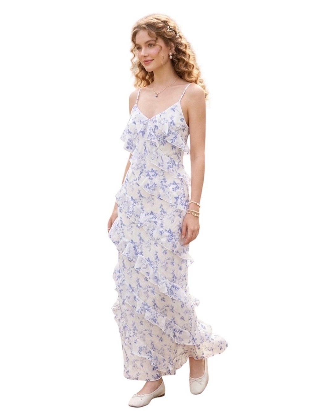 Mable Blue Floral Ruffle Midi Dress Size M Romantic Cottagecore Coquette Style